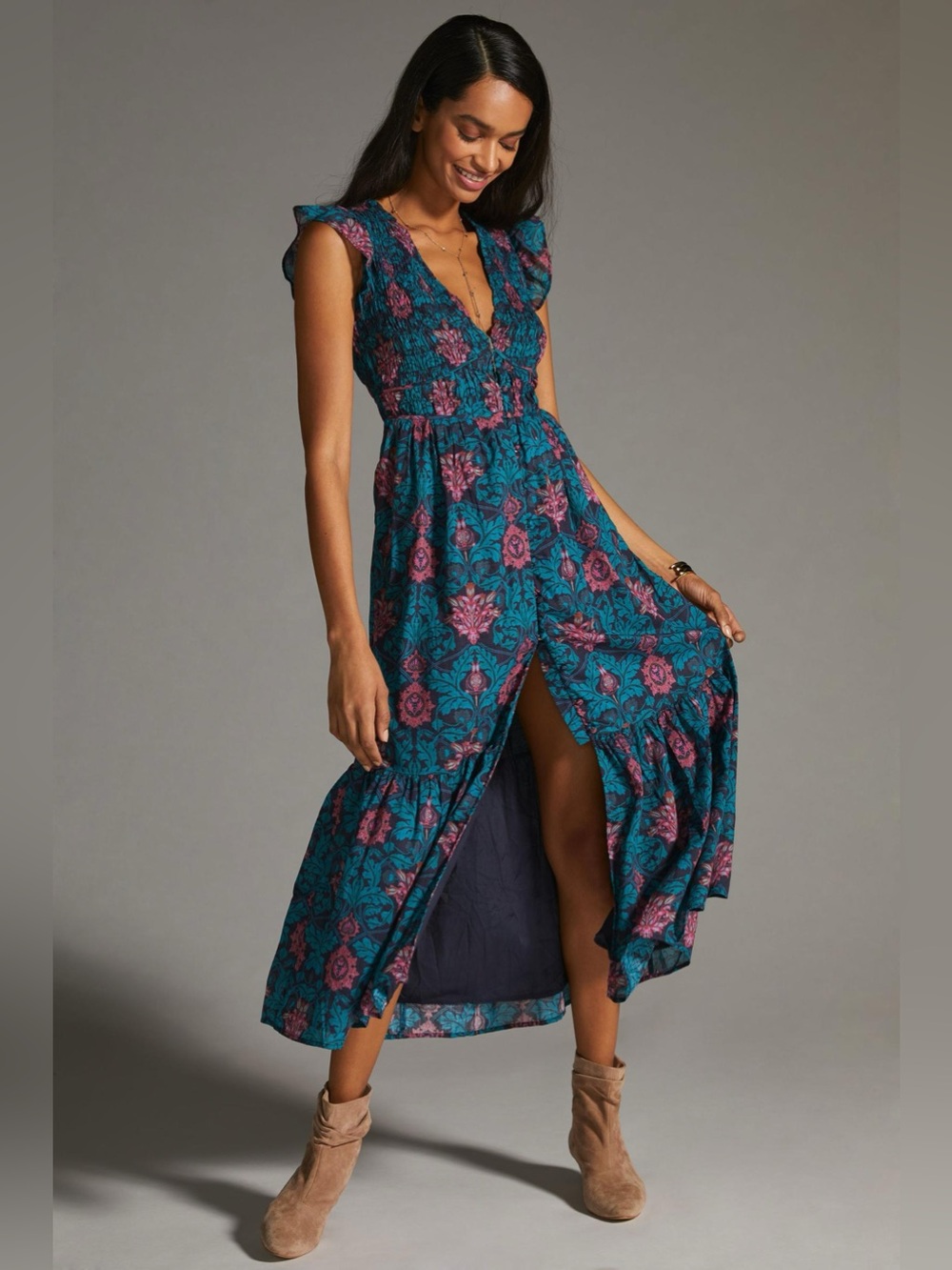 Anthropologie The Peregrine Dress Midi Sundress Smocked Bodice Brocade Medium